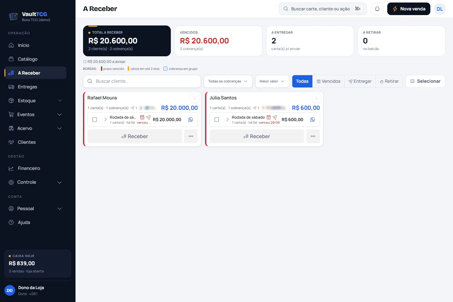 Painel A Receber do VaultTCG por cliente, com Avisar e Receber, vencidos e crédito