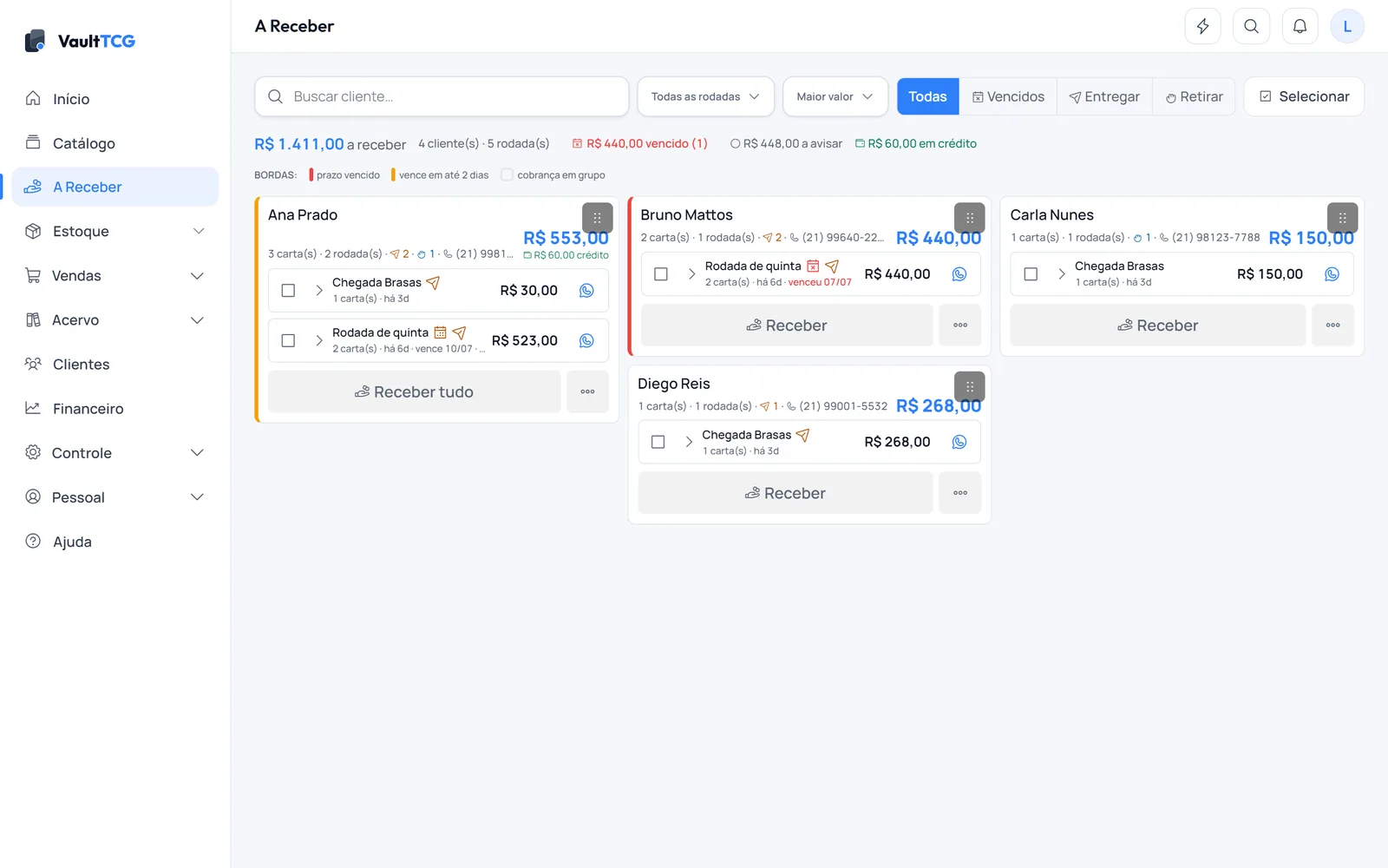 Painel A Receber do VaultTCG por cliente, com Avisar e Receber, vencidos e crédito