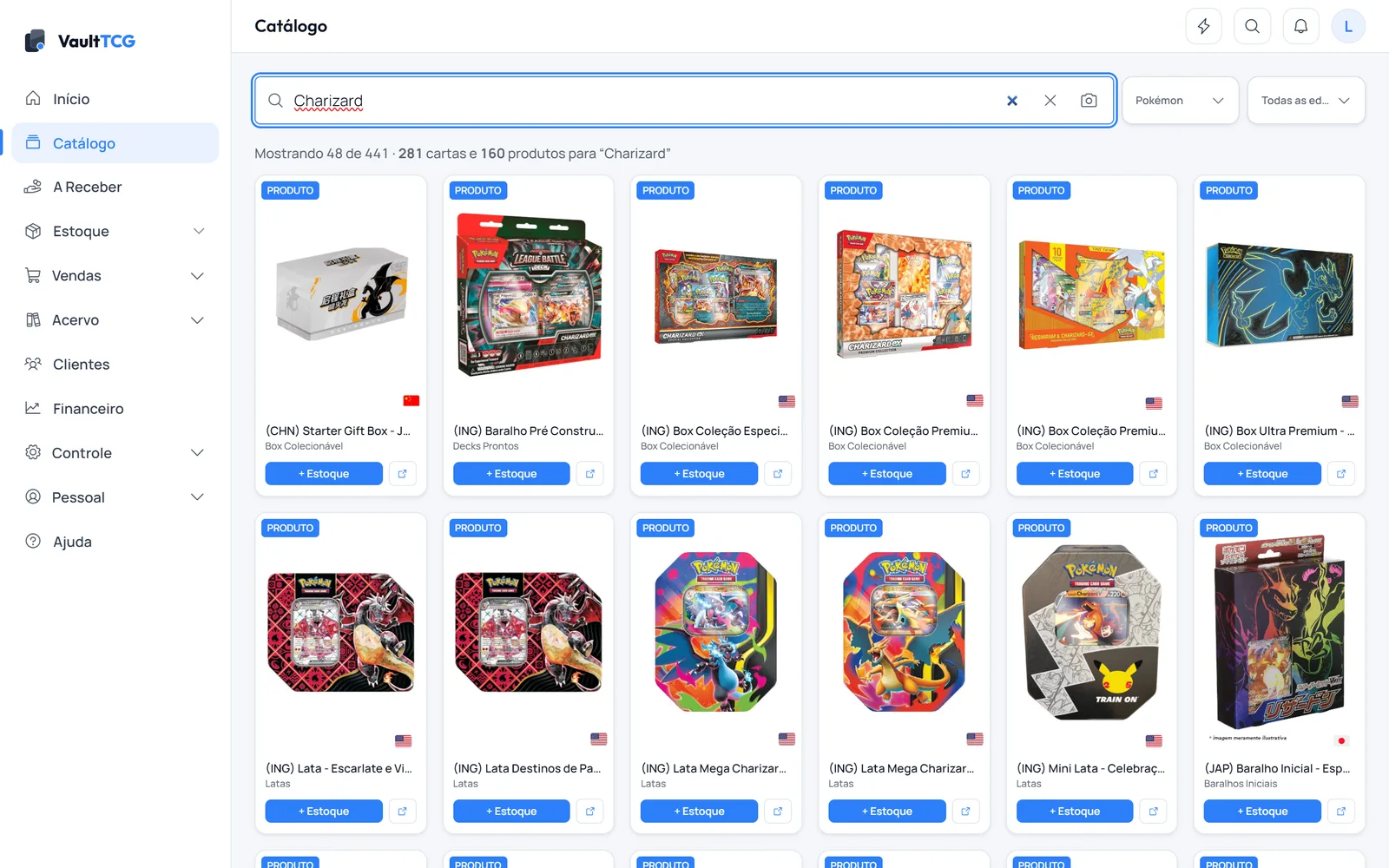 Catálogo do VaultTCG com busca de cartas e a arte oficial