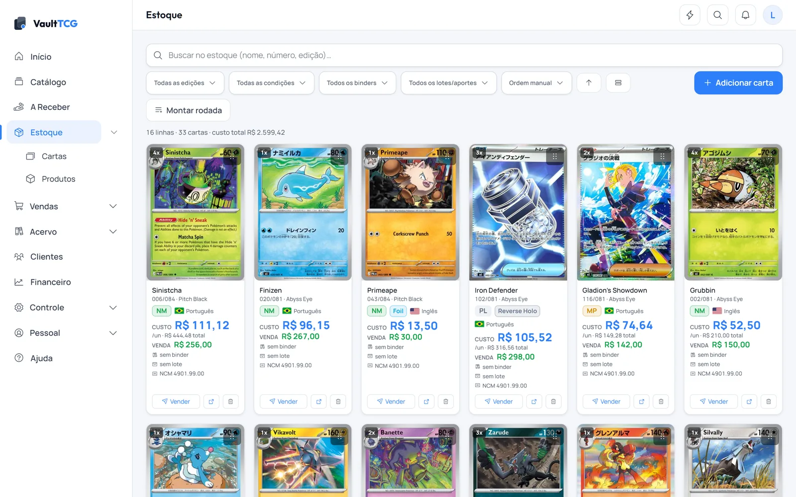 Estoque de cartas do VaultTCG com versões, condição, foil, idioma e custo/venda